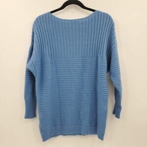 Lowrys Farm Sweater Wool Blend Blue Boatneck Knit Medium 3/4 Sleeve